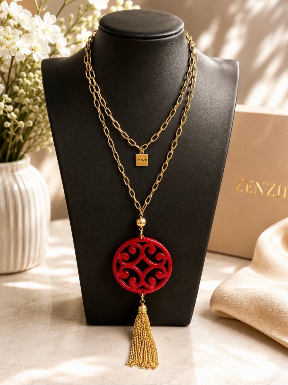 ZENZII CIRCLE SCROLL TASSEL NECKLACE HOT PINK GOLD FASHION CHIC TRENDY STYLISH